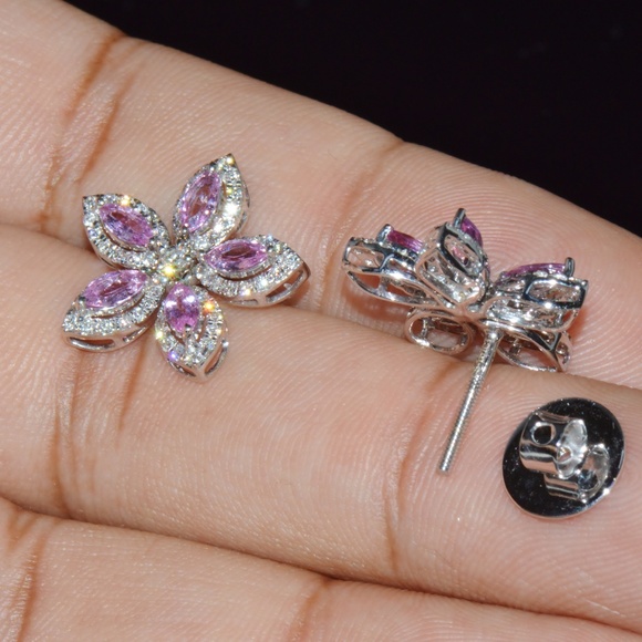 CERTIFIED NATURAL 2.36CTS VS F DIAMOND PINK SAPPHIRE 18K GOLD FLORAL EARRINGS - Picture 15 of 15